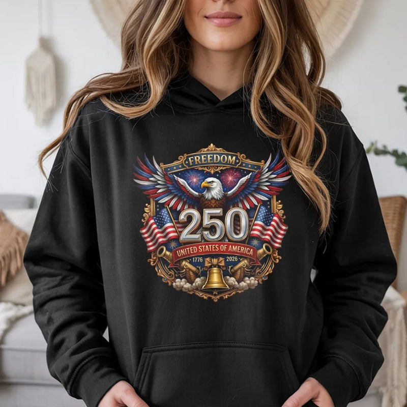 America 250 Years Hoodie | Patriotic Eagle Freedom 1776-2026 Graphic Art | Premium Cotton-Blend Warm Pullover | Gift for Americana Collector