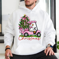 Humorous Christmas Goose Hoodie, Christmas Golf Cart Goose Hoodie, Retro Pink Christmas Tree Hoodie, Golf Cart Holiday Sweatshirt, Xmas Present