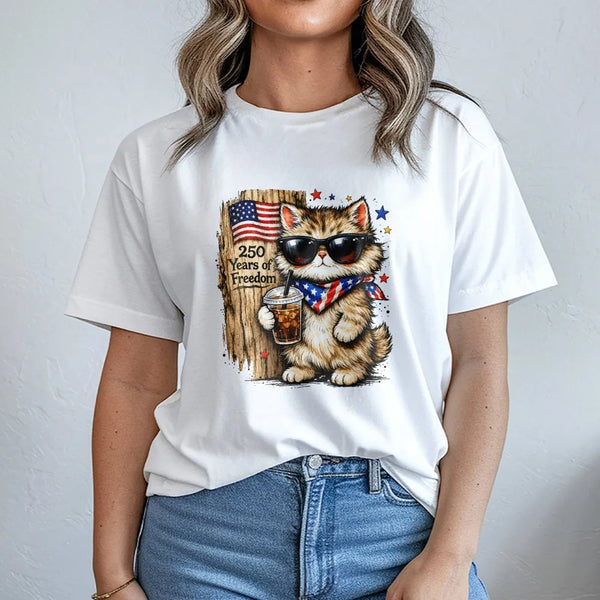 Patriotic Cat T-Shirt | 250 Years Freedom Cartoon Cat in Sunglasses Art | Soft 100% Cotton Unisex Tee | July 4th Gift for Cat Lovers