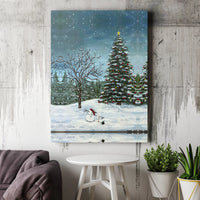 Snowy Christmas Tree Scene Print, Christmas Snowman Winter Landscape Canvas Wall Art, Holiday Christmas Wall Art, Art Digital Download
