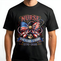 Patriotic Nurse T-Shirt | American Flag Bow Stethoscope 250 Years Strong 1776-2026 | Soft Breathable Cotton Tee | Gift for Nurses on America's 250th