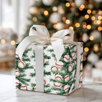 Sports Ornament Holiday Gift Wrap, Baseball Christmas Wrapping Paper, Pine Branch Baseball Wrapping Paper, Festive Sports Wrapping Paper