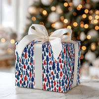 Red and Blue Forest Gift Wrap, Watercolor Pine Tree Wrapping Paper, Winter Holiday Tree Wrapping Paper Roll, Rustic Christmas Present Wrap