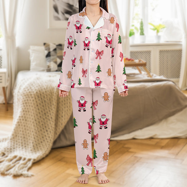 Gingerbread Satin Holiday Pajamas, Christmas Santa Pajama Set, Silky Christmas Sleepwear, Long Sleeve Loungewear Present for 