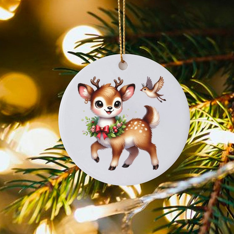 Adorable Fawn with Wreath Ornament, Baby Deer Christmas Ornament, Woodland Bird Ceramic Ornament, Rustic Holiday Tree Decor, Nature Lover Present