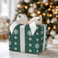 White Snowflakes Gift Wrap, Green Snowflake Wrapping Paper, Elegant Christmas Present Paper, Winter Holiday Wrapping Paper, Xmas Gift Wrap