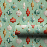 Retro Holiday Gift Wrap, Vintage Christmas Ornament Wrapping Paper, Mint Green Xmas Wrapping Paper Roll, Nostalgic Tree Baubles Wrap