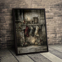 Rustic Holiday Stockings Art Print, Vintage Christmas Fireplace Canvas Wall Art, Comfy Winter Fireplace Poster, Digital Download Wall Decor