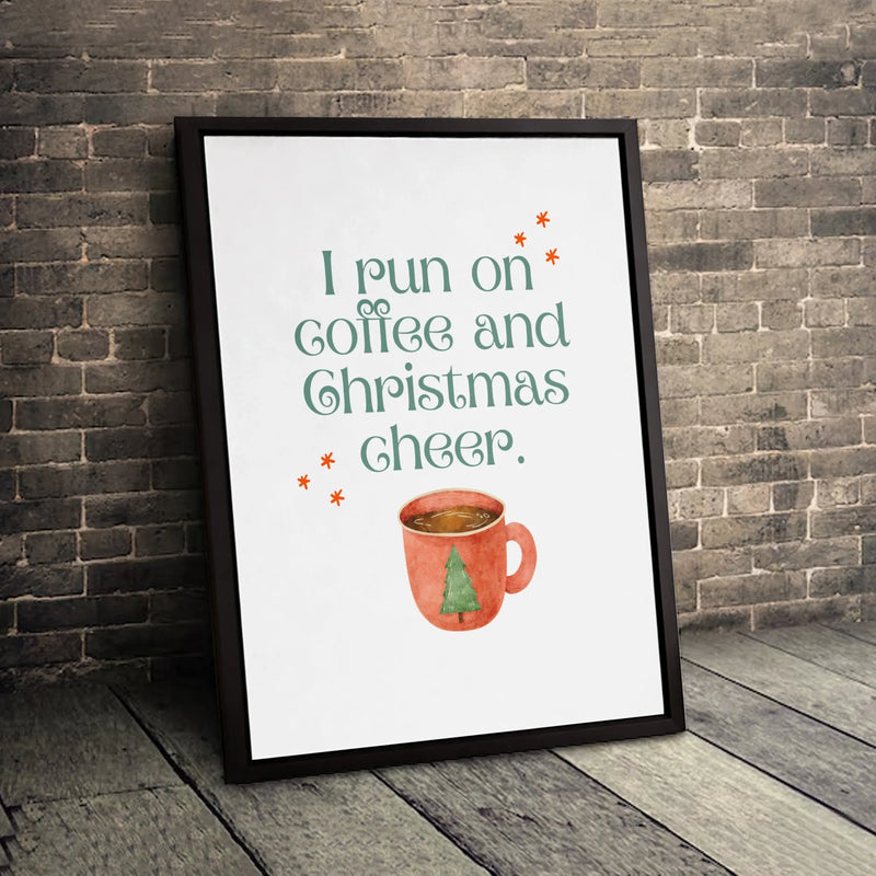 Watercolor Mug Wall Art, I Run on Coffee and Christmas Cheer Canvas, Holiday Coffee Canvas Print, Adorable Christmas Cheer Kitchen Wall Decor
