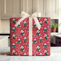 Red Holiday Panda Gift Wrap, Adorable Panda Bear Christmas Wrapping Paper, Festive Snowflake Wrapping Paper, Kids Animal Present Paper