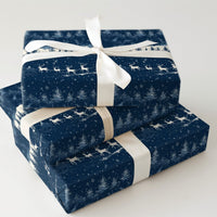 Reindeer Night Wrapping Paper, Santa Sleigh Christmas Wrapping Paper, Winter Forest Holiday Gift Wrap, Navy Blue Xmas Wrapping Paper Roll