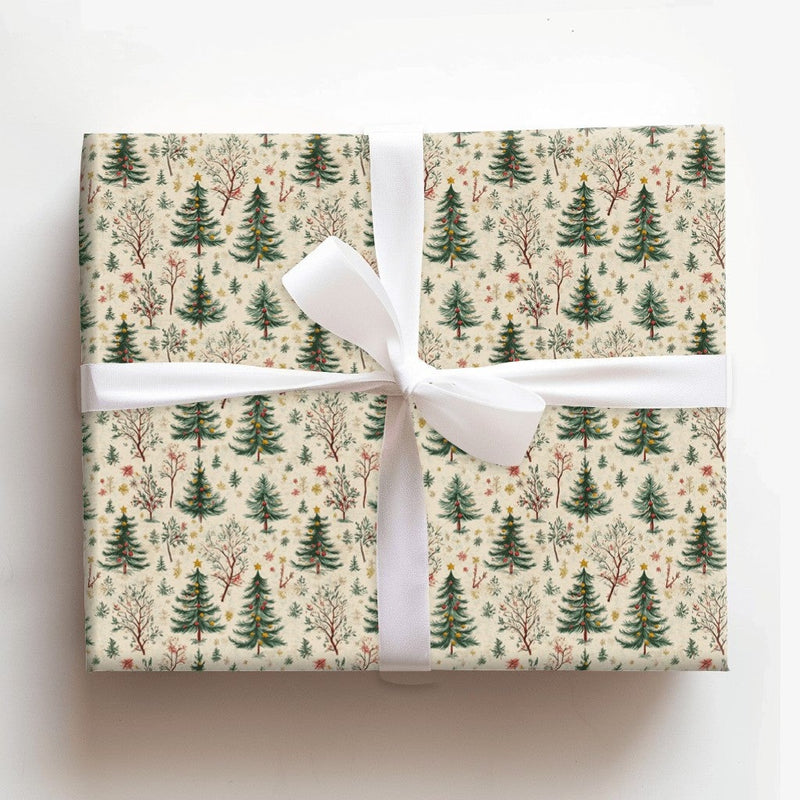 Rustic Winter Forest Gift Wrap, Vintage Christmas Tree Wrapping Paper, Illustrated Pine Tree Wrapping Paper Roll