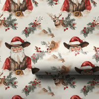 Rustic Reindeer Holiday Gift Wrap, Western Cowboy Santa Wrapping Paper, Country Christmas Wrapping Paper, Pine Holly Berry Xmas Gift Wrap