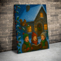 Snowy Stone Cottage Canvas Wall Art, Christmas Carolers Canvas, Vintage Holiday Caroling Kids Print, Storybook Winter Village Wall Decor