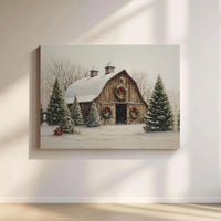 Snowy Winter Farmhouse Canvas, Christmas Barn Canvas Wall Art, Rustic Holiday Evergreen Canvas Print, Country Home Decor, Digital Download