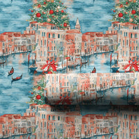 Watercolor Italy Canal Wrapping Paper, Venice Christmas Wrapping Paper, Festive European City Gift Wrap, Holiday Canal Boat Wrapping Paper