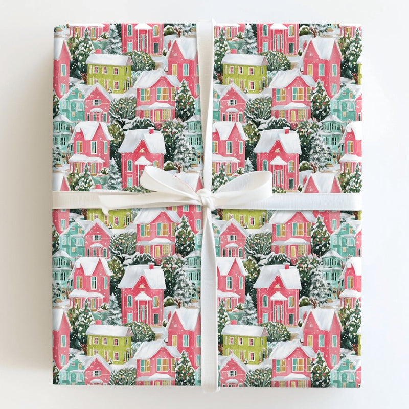 Watercolor Houses Holiday Gift Wrap, Snowy Village Christmas Wrapping Paper, Colorful Winter Town Wrapping Paper, Whimsical Scenic Gift Wrap