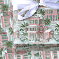 Pink Southern House Gift Wrap, Coastal Christmas Wrapping Paper, Palm Tree Holiday Wrapping Paper, Beach Xmas Gift Wrap, Winter Present Wrap