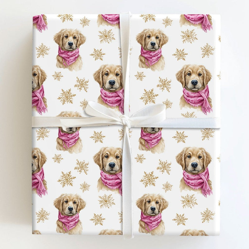 Puppy with Pink Scarf Christmas Gift Wrap, Golden Retriever Wrapping Paper, Watercolor Dog Wrapping Paper, Holiday Pet Gift Wrap Roll