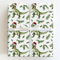 Christmas Dinosaur Wrapping Paper, Santa Hat T-Rex Wrapping Paper, Watercolor Dino Gift Wrap, Adorable Dinosaur Holiday Present Wrapping Paper