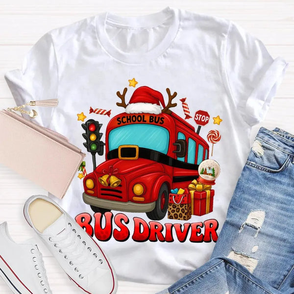 Santa Hat Holiday Bus T-Shirt, School Bus Driver Christmas Shirt, Humorous Xmas Transportation Staff Tee, Bus Driver Apprecia