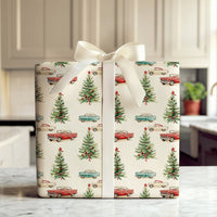 Retro 1950s Holiday Gift Wrap, Vintage Car Christmas Wrapping Paper, Classic Car Tree Wrapping Paper