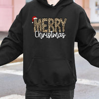 Leopard Santa Hat Hooded Sweatshirt, Merry Christmas Hoodie, Comfy Winter Holiday Pullover, Festive Graphic Hoodie, Xmas Present for Women