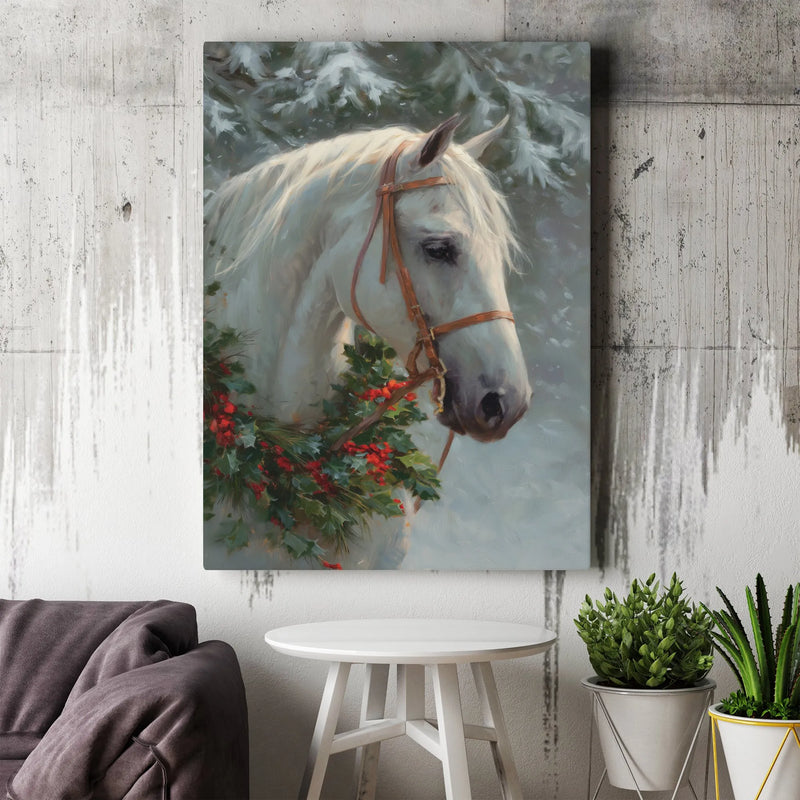 Christmas Holly Wreath Horse Print, White Horse Canvas Wall Art, Winter Farmhouse Horse Art Digital Download, Rustic Holiday Animal Decor