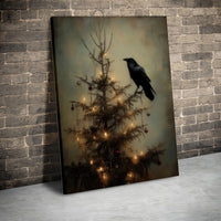 Dark Academia Holiday Canvas Print, Gothic Crow Christmas Tree Canvas, Spooky Raven Winter Wall Art, Moody Gothic Xmas Canvas Wall Decor