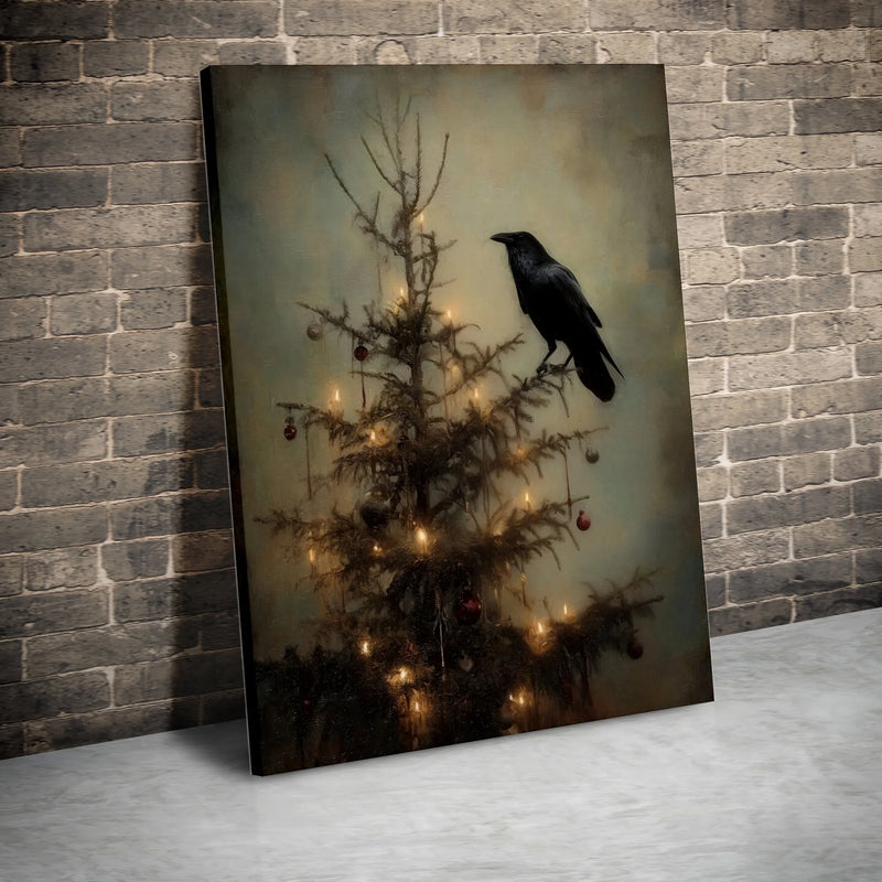 Moody Raven Canvas Print, Gothic Crow Christmas Tree Printable Art, Dark Academia Holiday Wall Art, Crow Digital Download, Moody Xmas Decor
