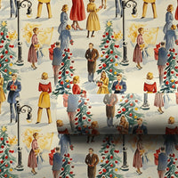 Retro Holiday Street Scene Gift Wrap, Vintage 1950s Christmas Wrapping Paper, Snowy Winter Town Wrapping Paper, Nostalgic Xmas Gift Wrap