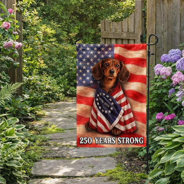 Dachshund Garden Flag Patriotic American 250 Years Strong | Double-Sided Premium Polyester | Outdoor Yard Decor for Dog Lovers
