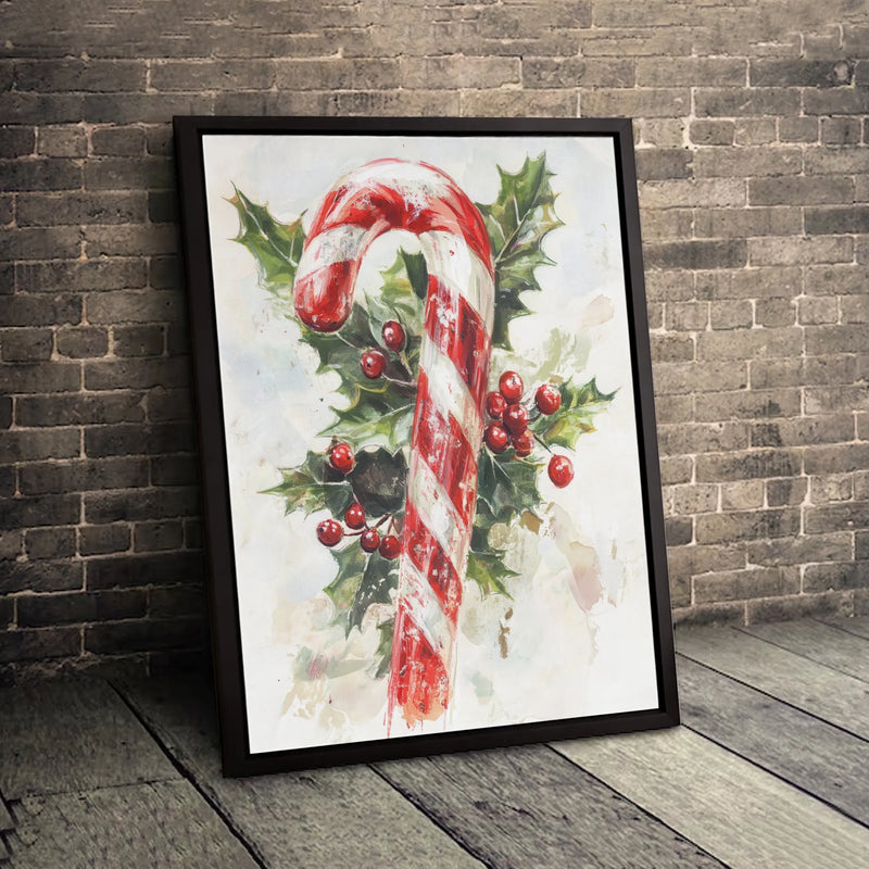 Festive Holly Berries Canvas Print, Watercolor Candy Cane Canvas Art, Christmas Holiday Wall Art Canvas, Winter Home Decor, Xmas Art Present