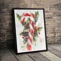 Holly Berries Christmas Wall Decor, Candy Cane Watercolor Wall Art Print, Holiday Season Canvas Art Print, Xmas Canvas Digital Download