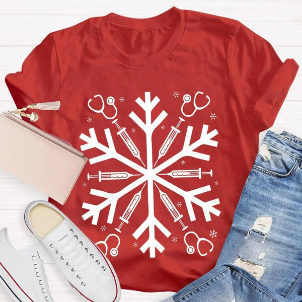 Snowflake Holiday Graphic Tee, School Nurse Christmas T-Shirt, Winter RN Nurse Shirt, Festive Hospital Staff Tee, Nurse Xmas 