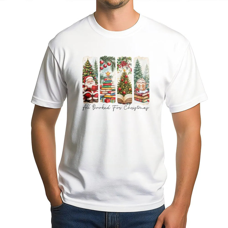 Bookish Christmas Tree Tee, All Booked for Christmas Shirt, Vintage Santa Book Stack T-Shirt, Comfy Reader Holiday Tee, Xmas Present