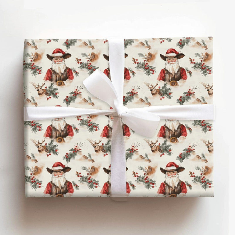 Rustic Reindeer Holiday Gift Wrap, Western Cowboy Santa Wrapping Paper, Country Christmas Wrapping Paper, Pine Holly Berry Xmas Gift Wrap