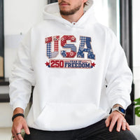 USA 250 Year of Freedom Hoodie | Patriotic Patchwork Quilt Style Design | Cotton-Polyester Blend Comfort | Gift for Americana Fans
