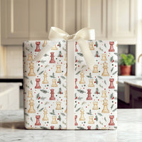 Watercolor Chess Pieces Gift Wrap, Christmas Chess Wrapping Paper, Holiday Pine Holly Wrapping Paper, Board Game Lover Gift Wrapping Paper