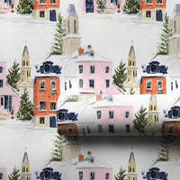 Church Steeple Town Gift Wrap, Snowy Christmas Village Wrapping Paper, Watercolor Holiday Wrapping Paper, Festive Winter Wrapping Paper