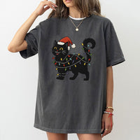 Santa Hat Cat Graphic Tee, Black Cat Christmas T-Shirt, Festive Holiday String Lights Shirt, Adorable Kitty Christmas T-Shirt, Cat Lover Present