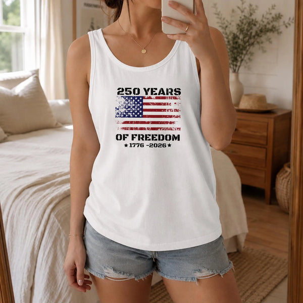 Distressed American Flag Tank Top | 250 Years of Freedom 1776-2026 Graphic | Soft Breathable Unisex Fit | Patriotic 4th of July Gift