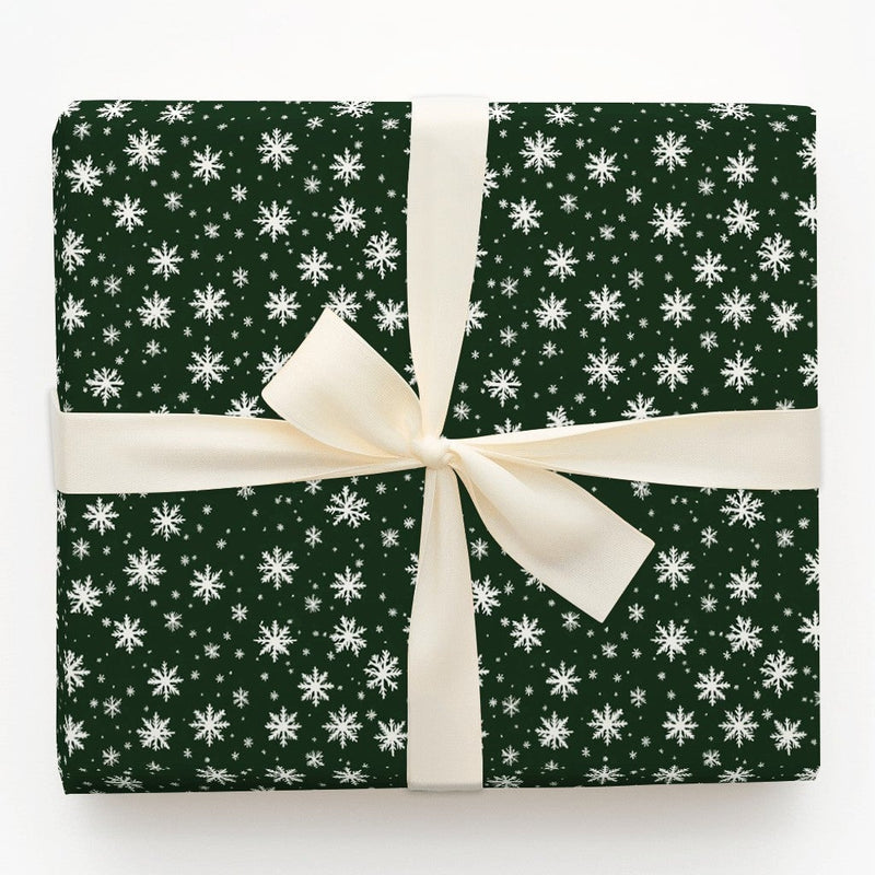 White Snowflakes Christmas Gift Wrap, Dark Green Snowflake Wrapping Paper, Winter Holiday Wrapping Paper, Festive Season Gift Wrapping Paper
