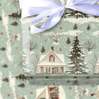 Snowy Pine Tree Holiday Gift Wrap, Vintage Christmas House Wrapping Paper, Nostalgic Winter Wrapping Paper, Xmas Present Wrap