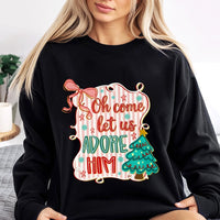 Preppy Coquette Christmas Tree Crewneck, O Come Let Us Adore Him Sweatshirt, Christian Holiday Hymn Sweater, Religious Xmas Pullover