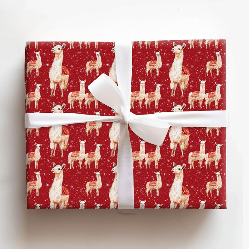 Watercolor Holiday Gift Wrap, Red Christmas Llama Wrapping Paper, Snowy Winter Present Paper, Adorable Animal Wrapping Paper