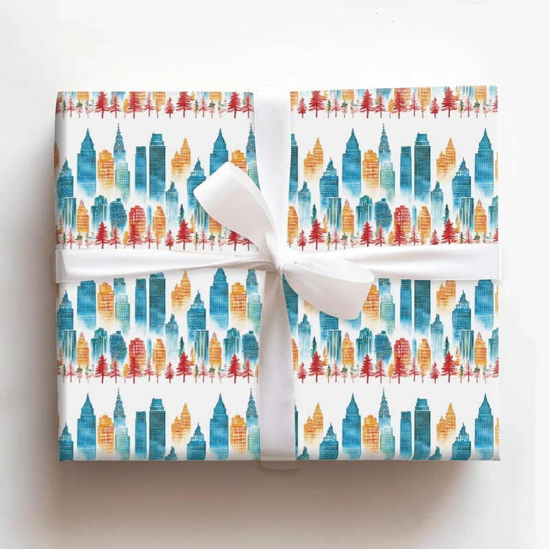 Urban Skyline Gift Wrap Roll, Watercolor Cityscape Christmas Wrapping Paper, Winter Holiday Tree Paper, Festive Season Packaging