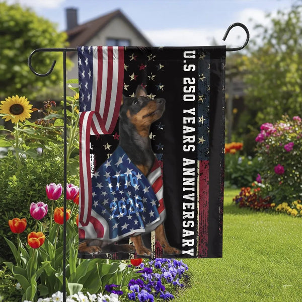 Patriotic Doberman Pinscher Garden Flag | US 250 Years Anniversary 1776-2026 | Double Sided Weather Resistant Polyester | American Pride Dog Lover Gift