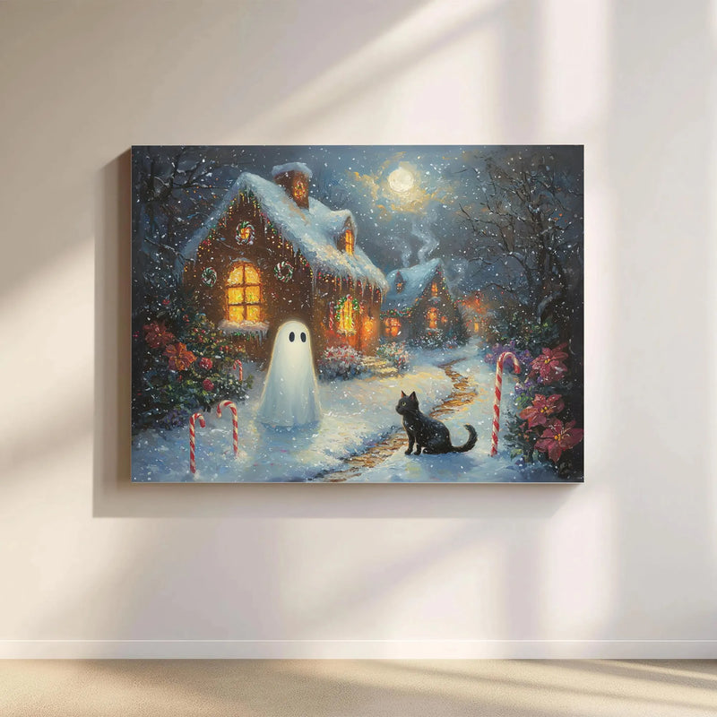 Holiday Cottage Canvas Print, Christmas Ghost Canvas Art, Black Cat Spooky Xmas Canvas Wall Art