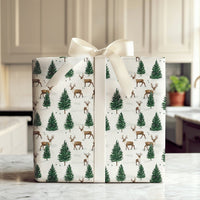 Winter Pine Tree Gift Wrap, Woodland Reindeer Christmas Wrapping Paper, Rustic Reindeer Wrapping Paper Roll, Forest Holiday Wrapping Paper